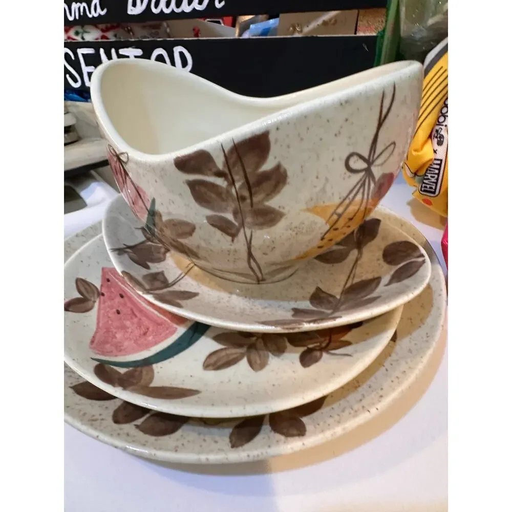 Vintage Red Wing Pottery Tampico Hand Painted Gravy Boat Underplate set